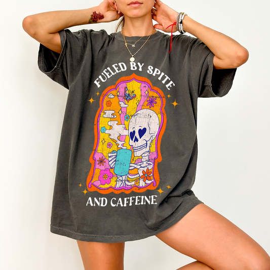 Oversized Distressed T-Shirt - Fuelled By Spite & Caffeine Skeleton