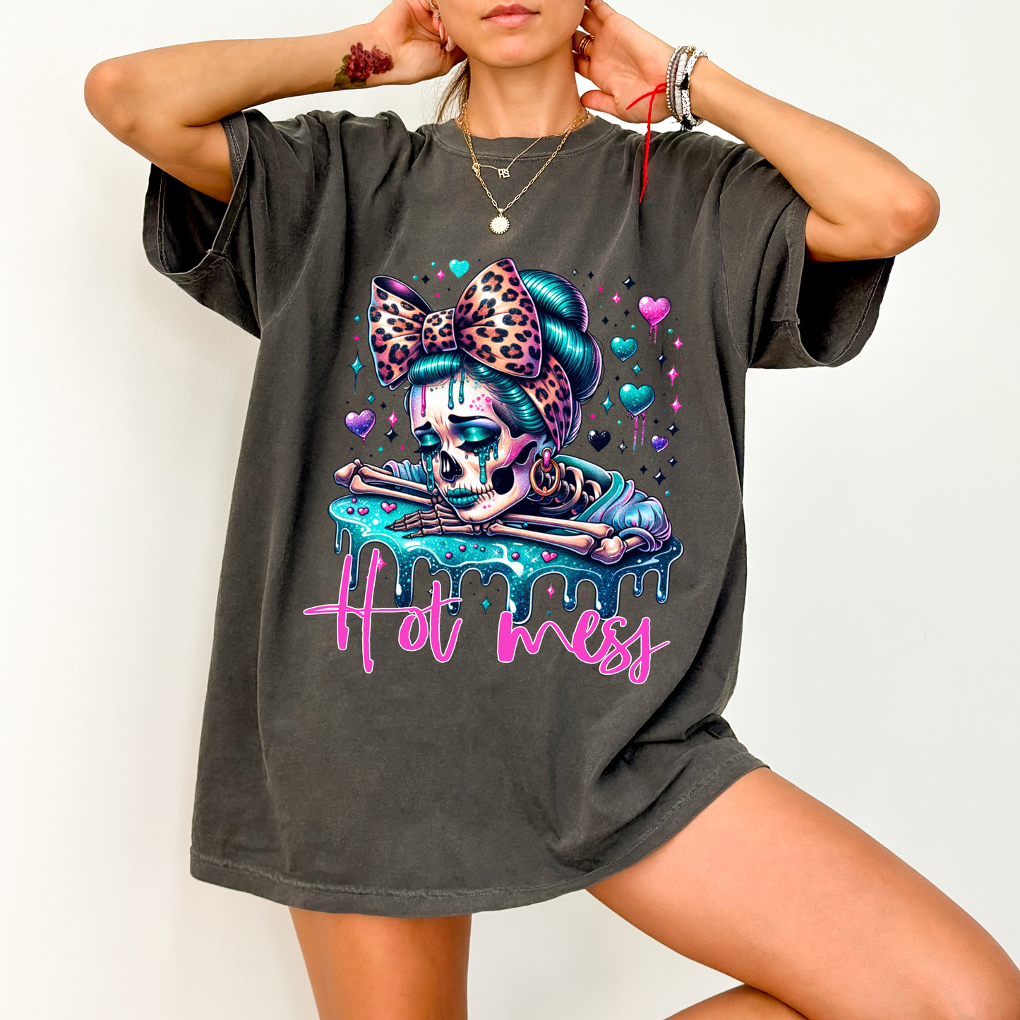 Oversized Distressed T-Shirt - Hot Mess Girl Skeleton